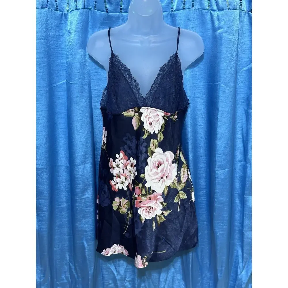 in bloom by jonquil Navy Blue Floral Print Lace Bust Slip Dress Chemise Stretch